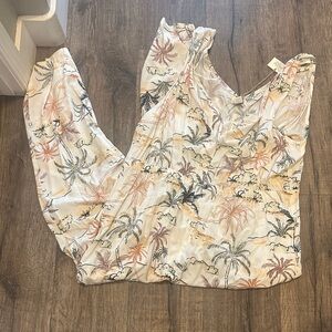 Cost Plus World Market Cream Tropical Print Jumpsuit with Green and Peach Palms